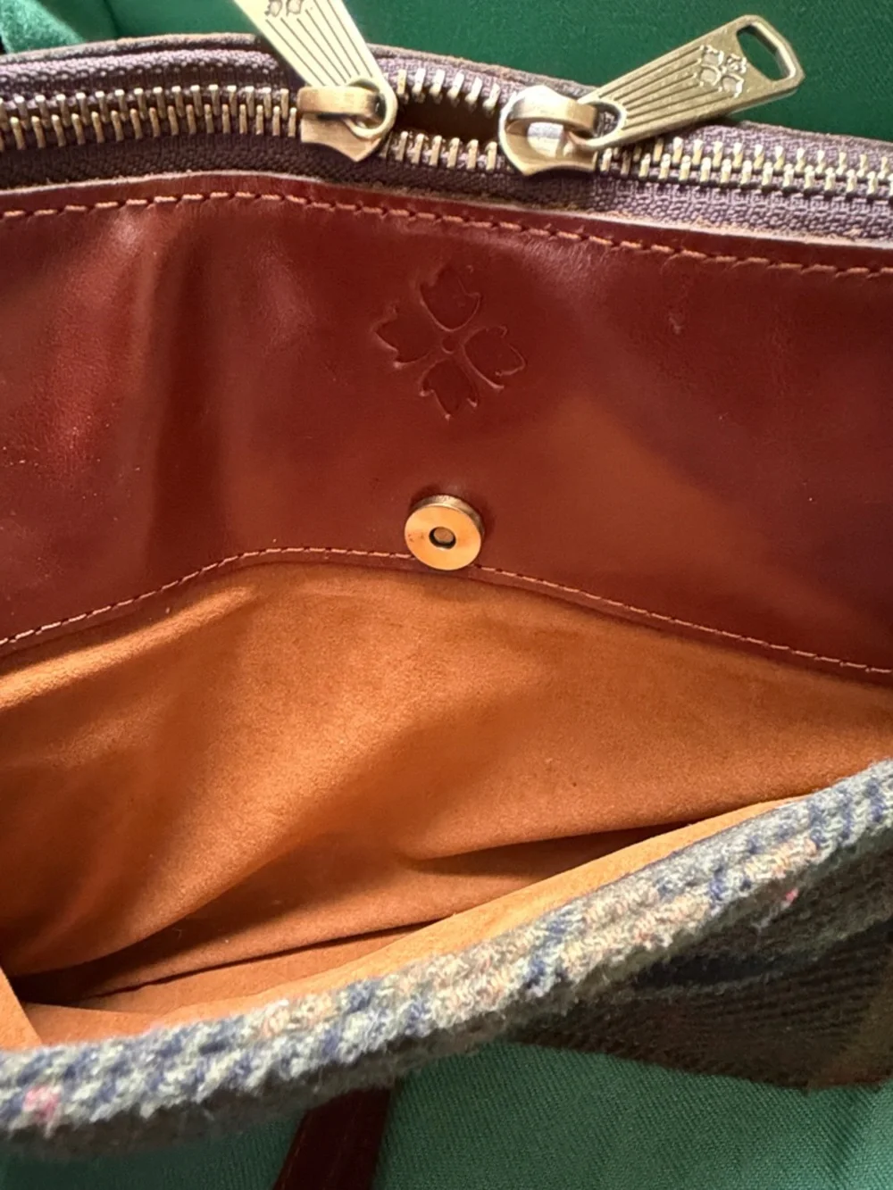 Patricia Nash Brown Plaid Wool & Chestnut Leather Messenger Bag